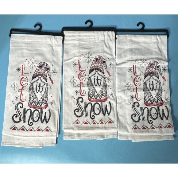 Nordic Gnome Let It Snow Winter Holiday Kitchen Flour Sack Towel Set of 3 - Picture 1 of 3